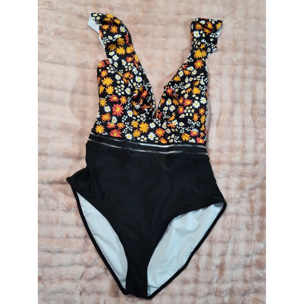 Floral Black One-Piece Swimsuit Adjustable Ruffle Straps Peekaboo Elastic Waist